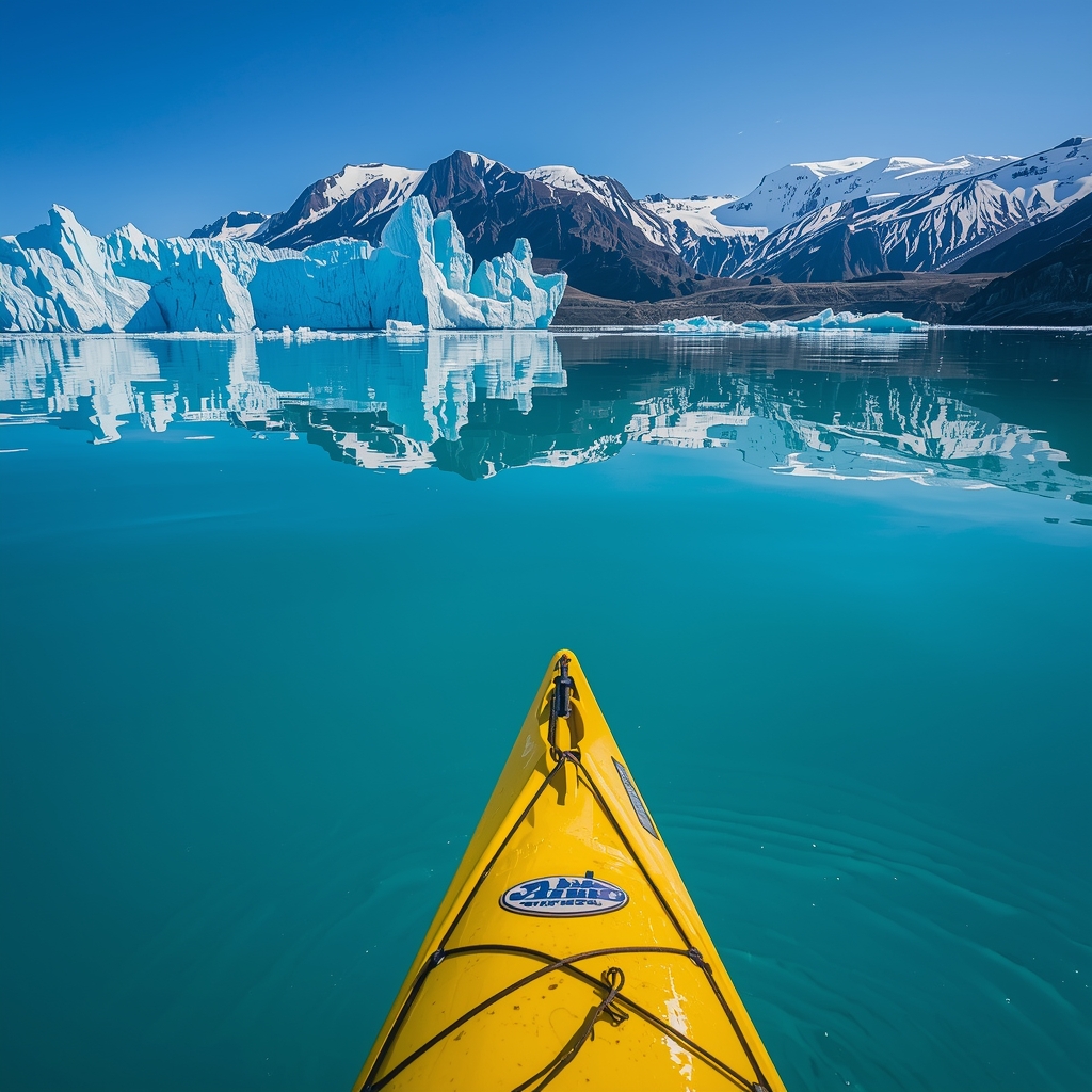 Crystal clear glacial blue water with a vibrant yellow kayak floating, towering icebergs and snow-capped peaks in the background, sharp reflections, no people. Professional adventure photography.
